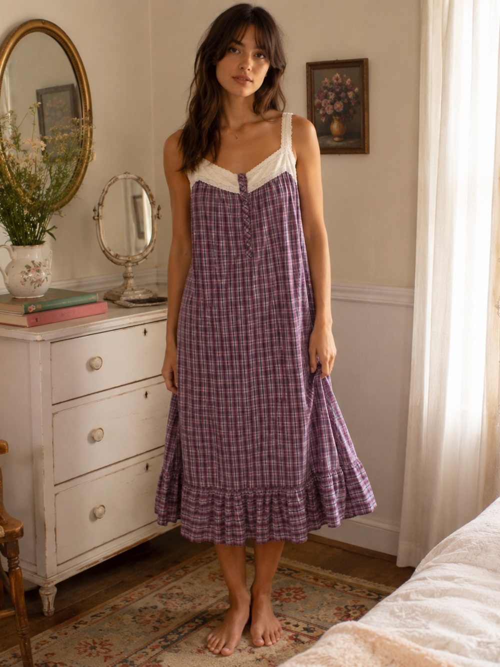 Vintage Victoria's Secret Country Purple Plaid Lace-Trim Nightgown night gown